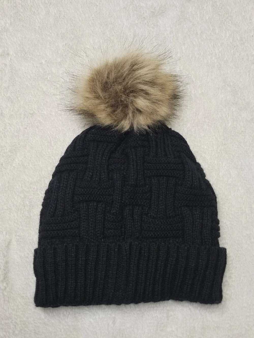 NWT Britt's Knits Basketweave Plush-Lined Pom Hat One Size Fits Most Black